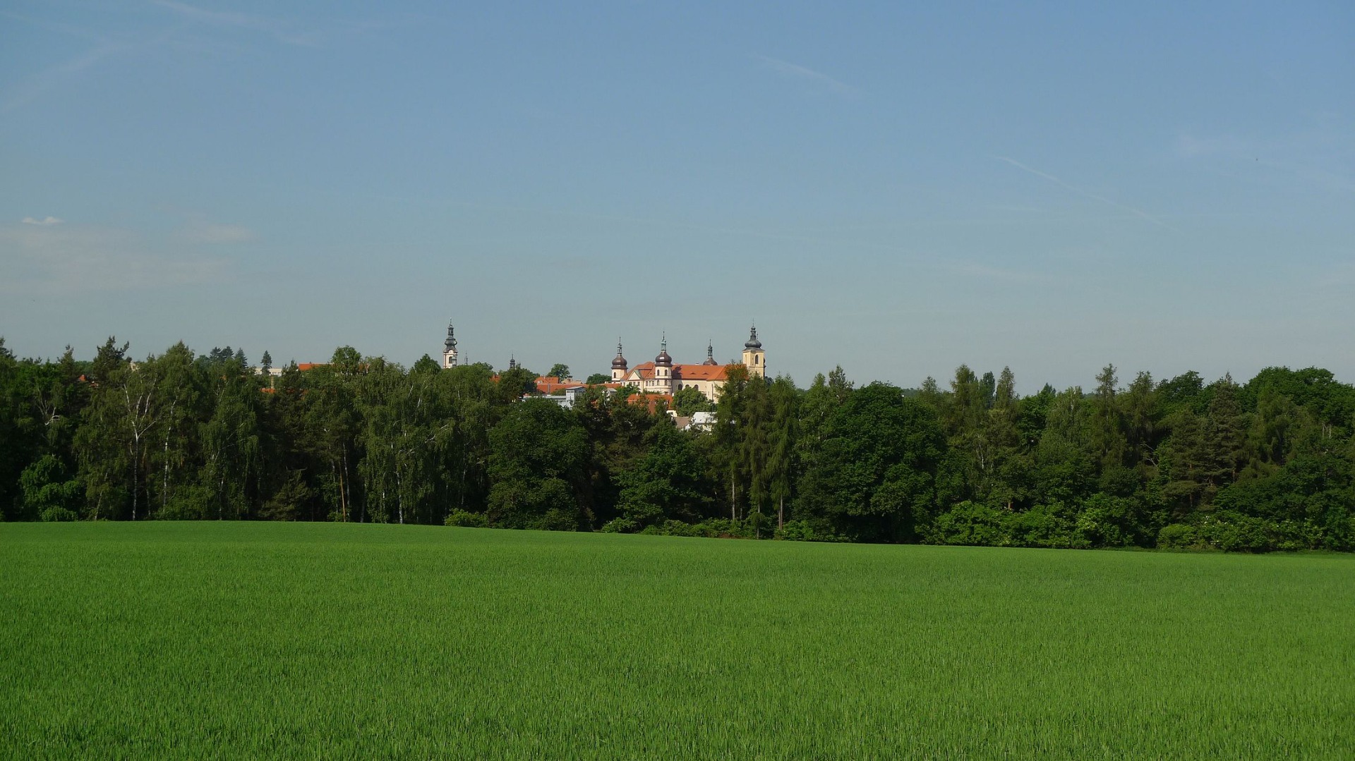 Zelené pole a les v popředí, uprostřed Černokostelecký zámek, kostelní věž a střechy města pod modrou oblohou.